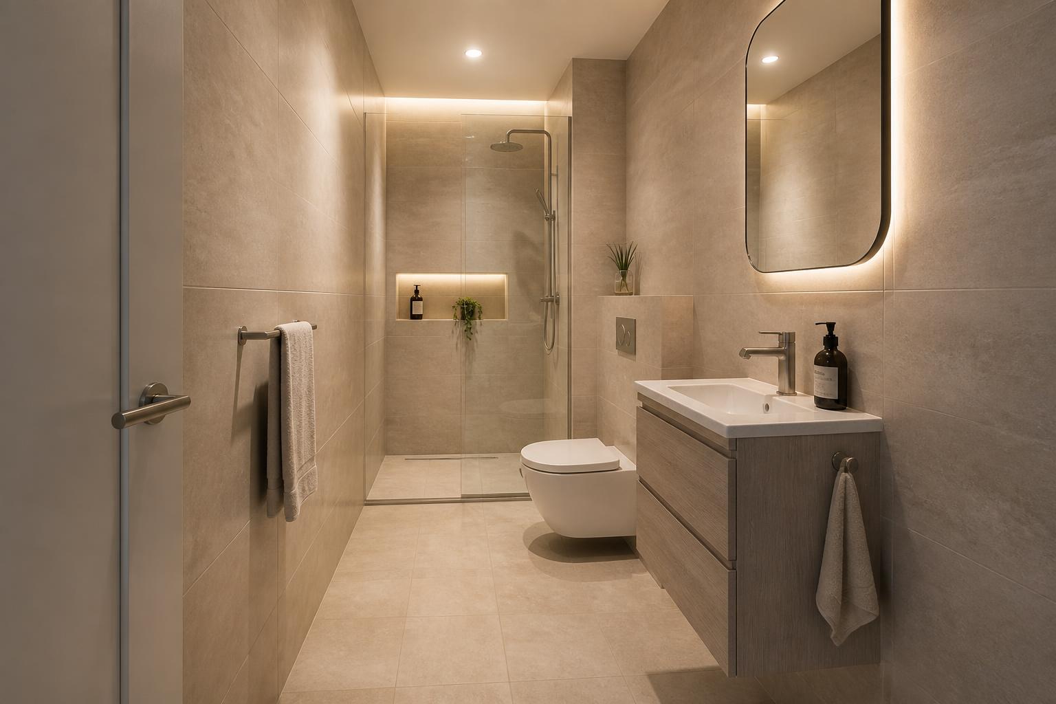 Second master ensuite in travertine-look porcelain with a double vanity, large mirror and walk-in shower