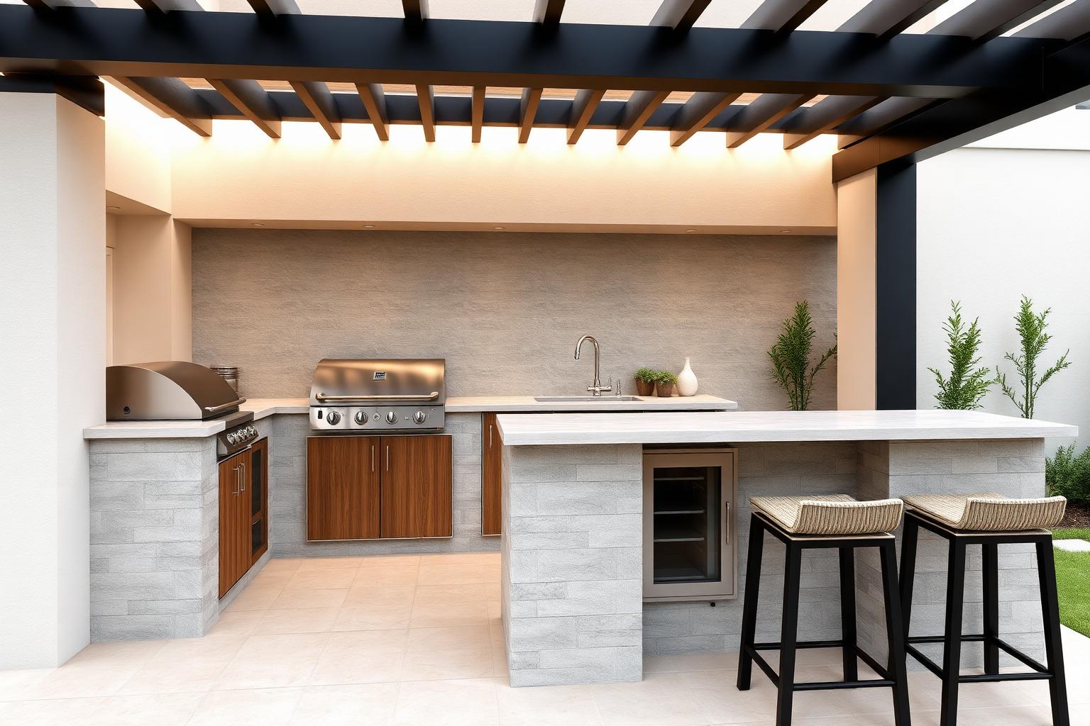 Outdoor kitchen with a built-in BBQ, porcelain-clad counter, sink and a slim canopy