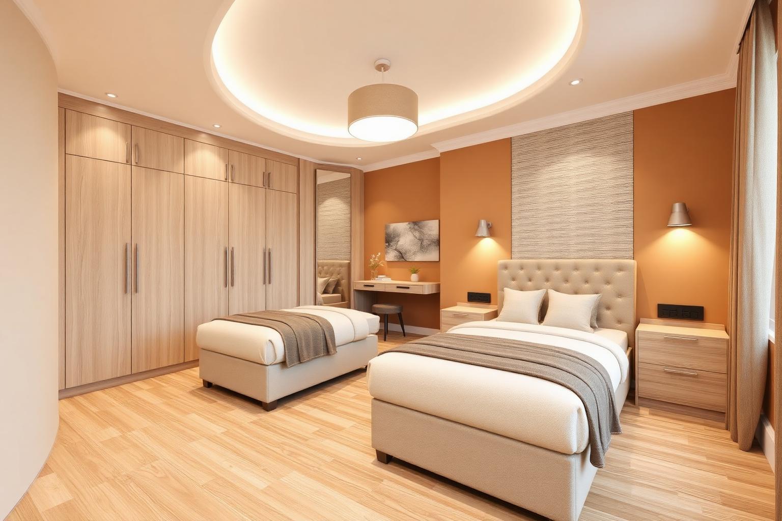 Bedroom three with pale walls, a linen headboard, oak-effect study niche and simple lighting