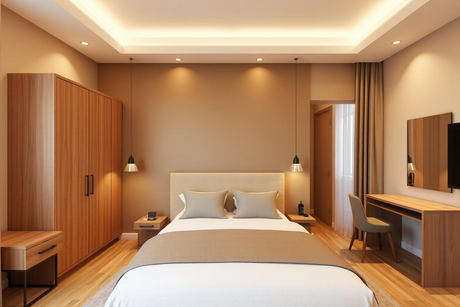 Bedroom four with a textured plaster-effect feature wall, sand upholstered bed and warm lighting