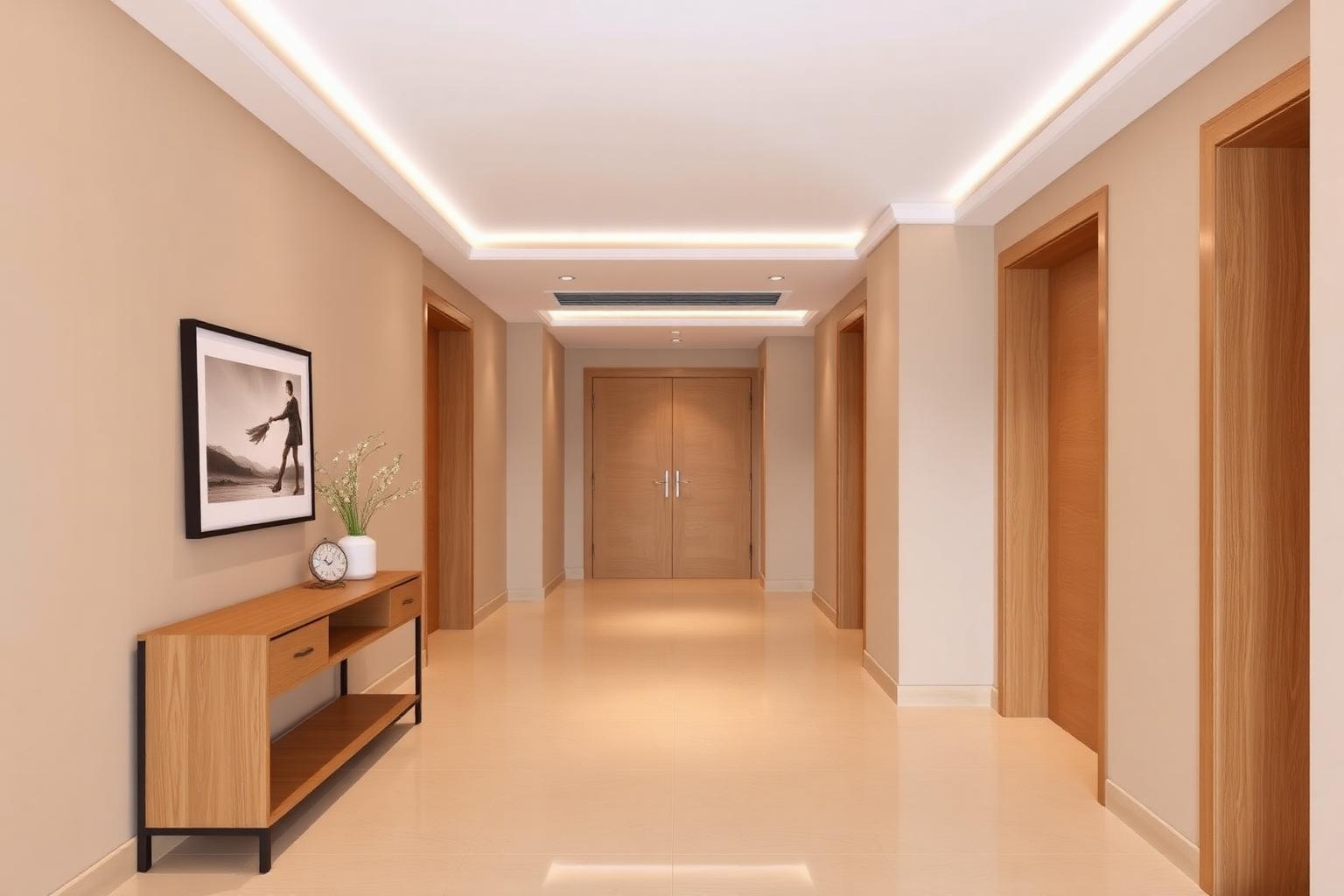 Villa corridor with beige porcelain floor, painted walls, veneer doors and a cove light
