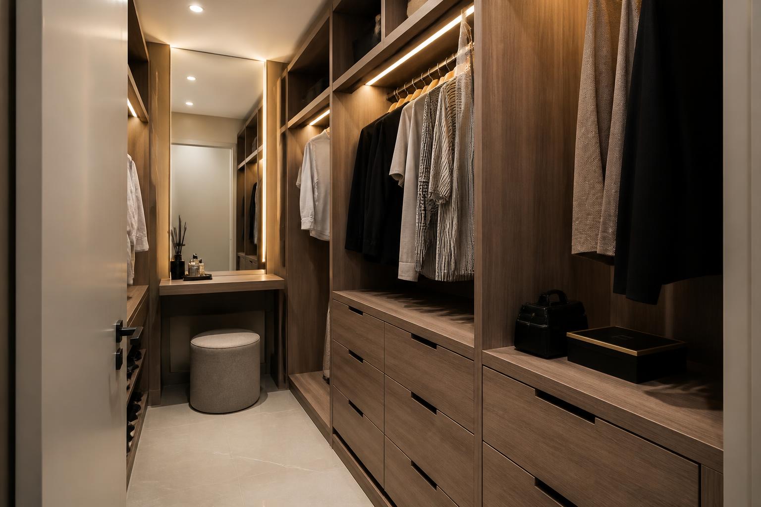 Dressing room with full-height beige wardrobes, internal LED lighting, drawers and a small vanity
