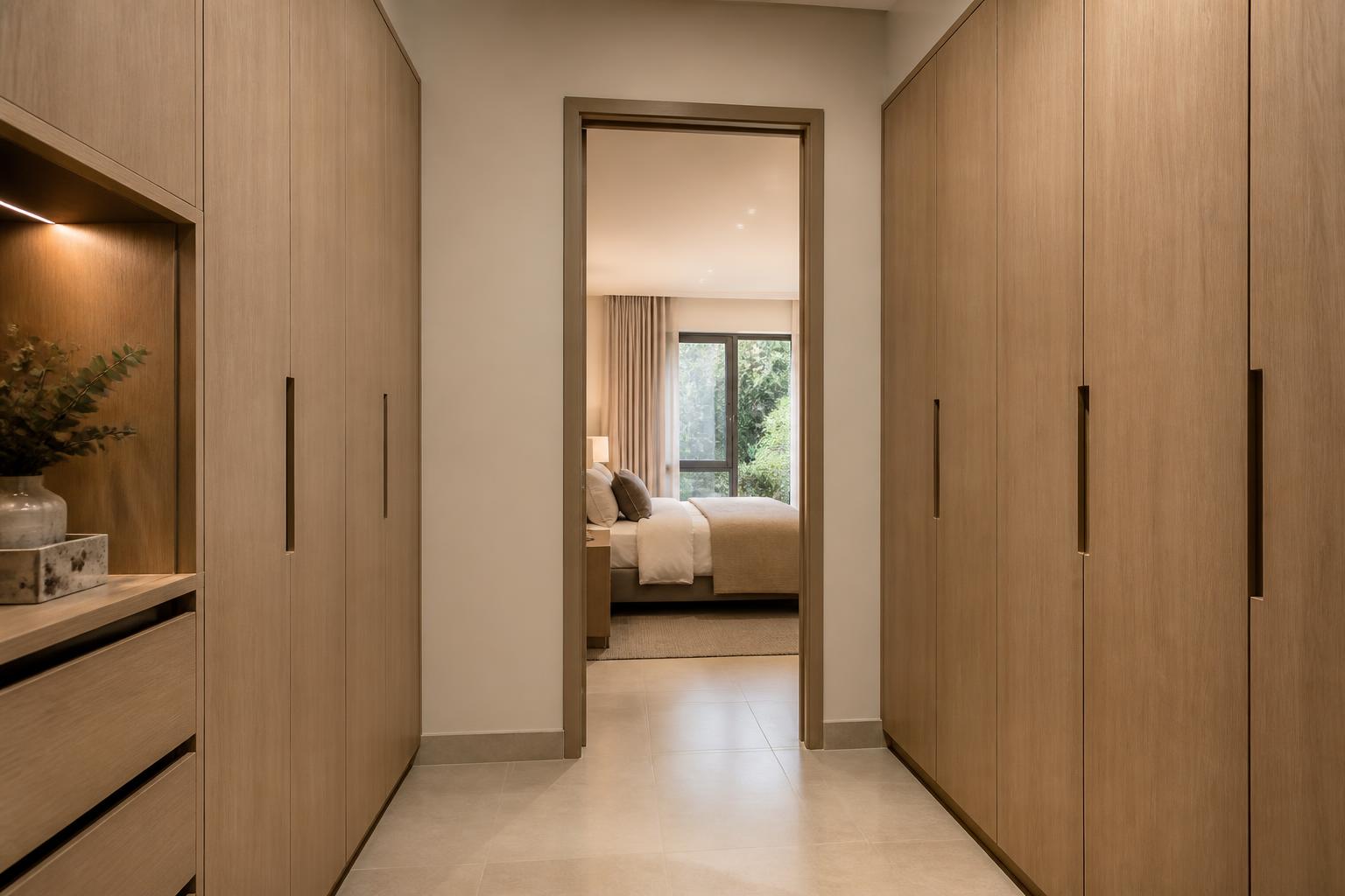 Dressing room with U-shaped beige wardrobes, lit display shelves and a freestanding drawer unit