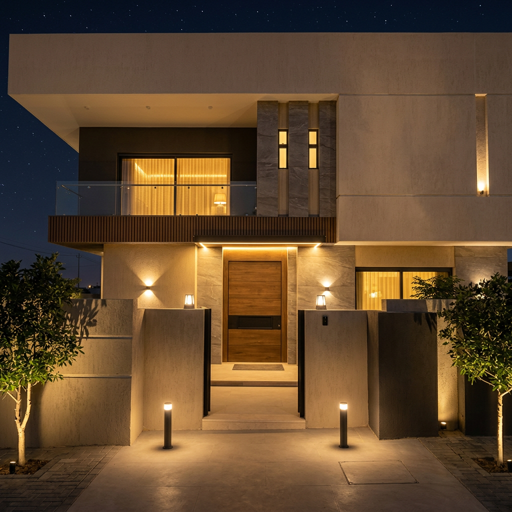 Villa front façade at night with wall grazing lights and a lit entrance portal