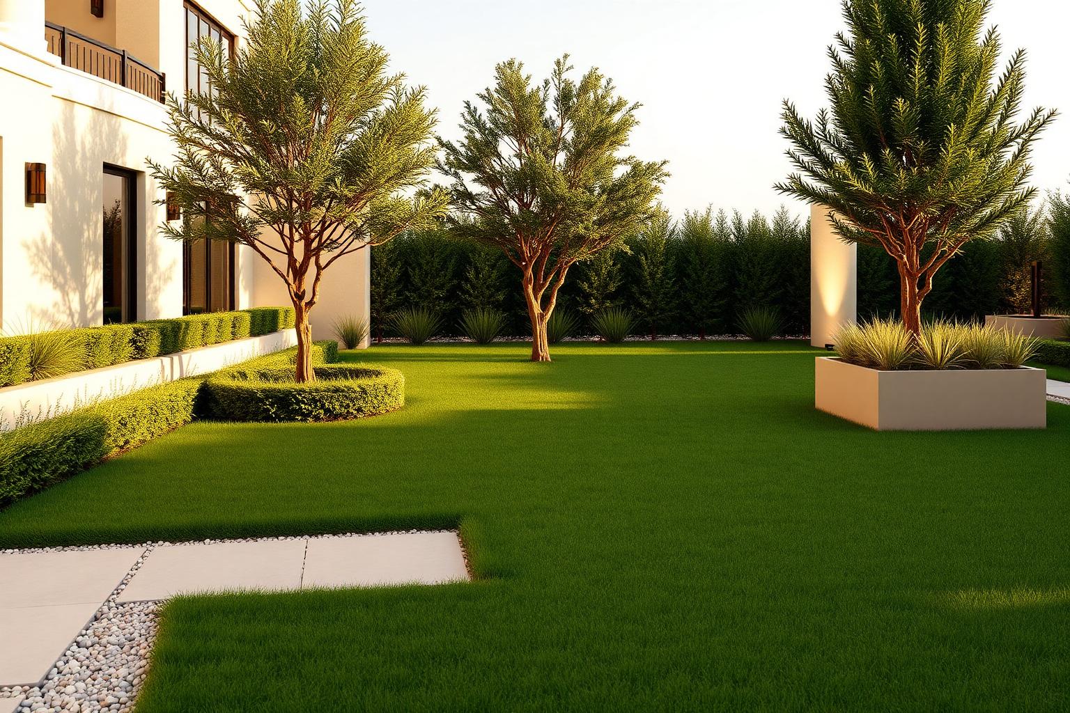 Villa garden by day with lawn, olive trees, low hedges and porcelain walkways