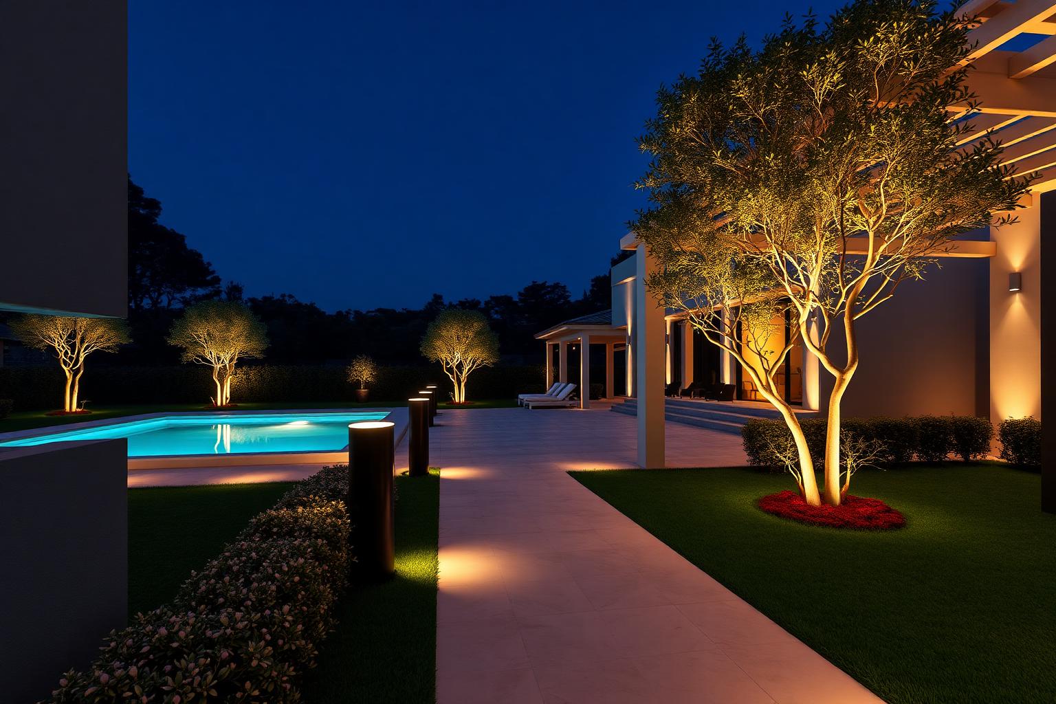 Villa garden at night with uplit trees, bollard lights and a lit walkway