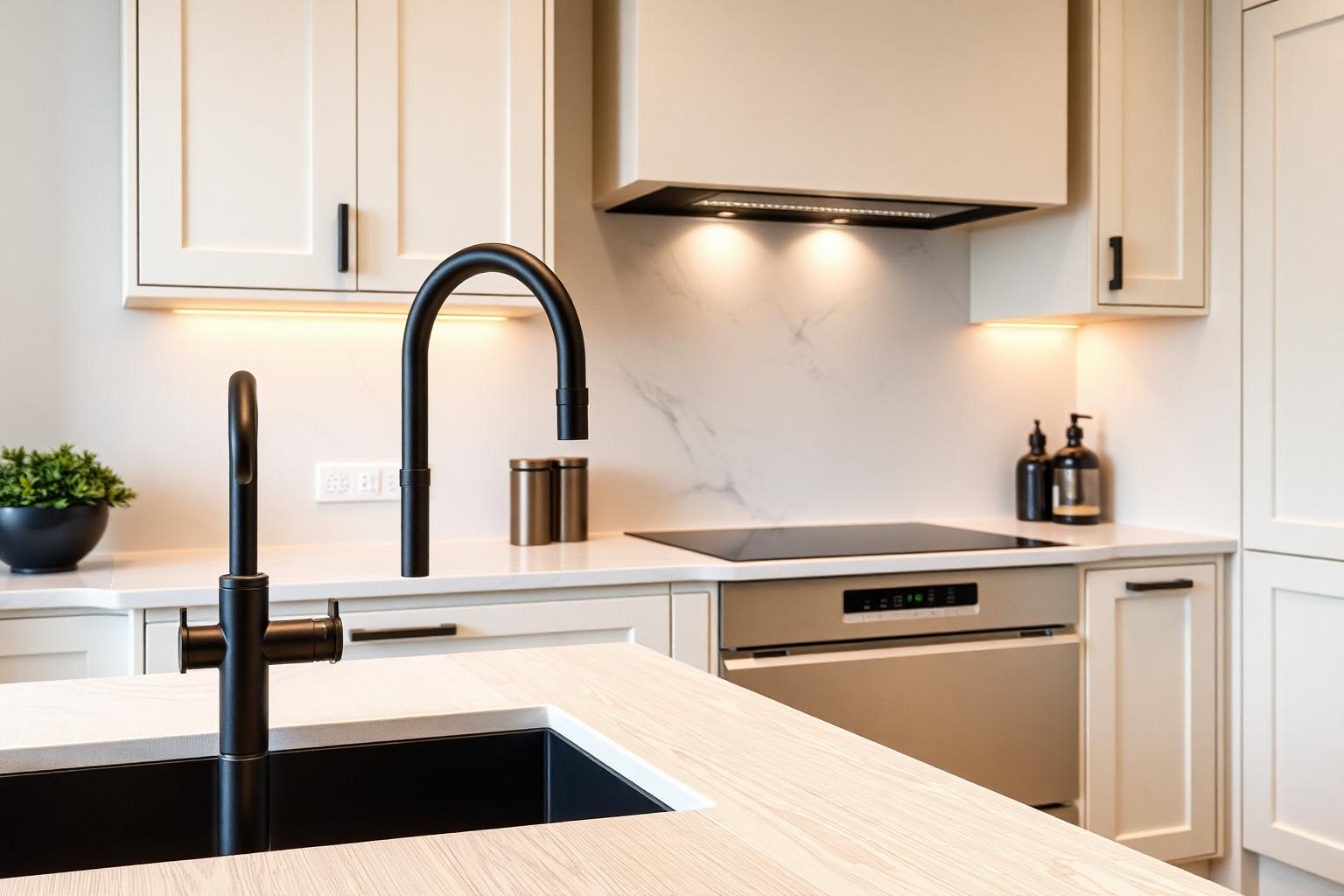Kitchen detail with quartz worktop, marble-look porcelain splashback and a black mixer tap