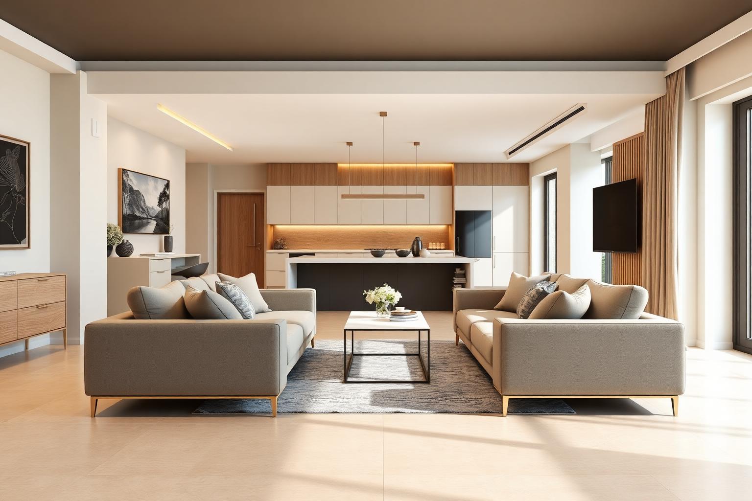 Living room second seating cluster with painted walls and an open kitchen behind