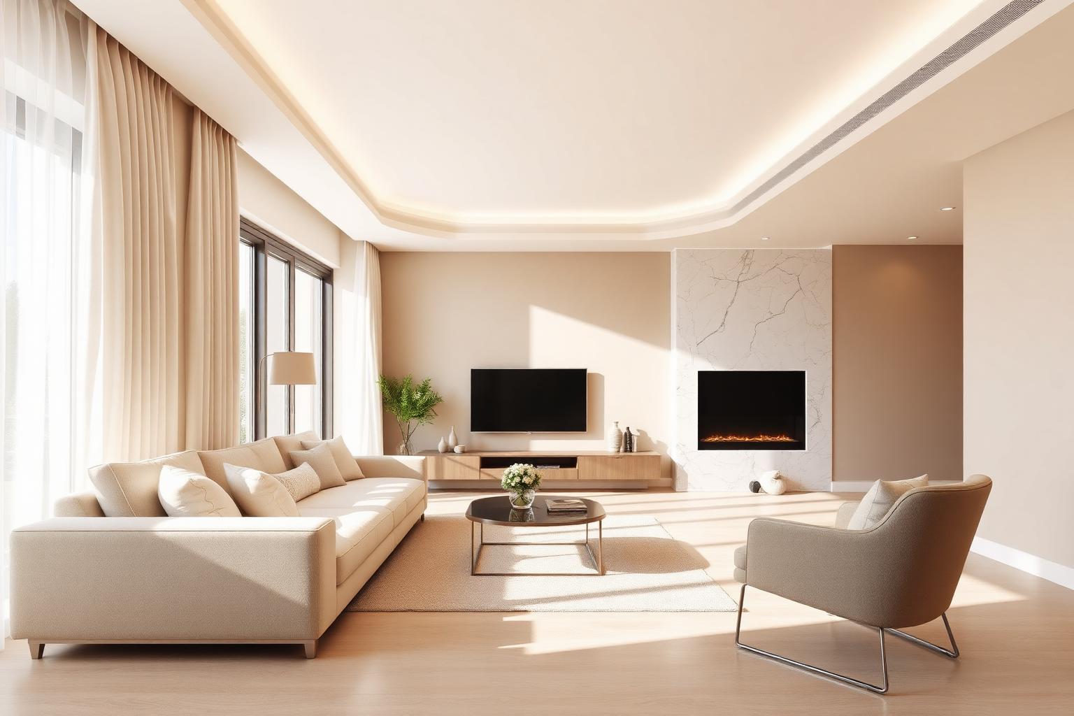 Daylit affordable luxury living room with cream sofas and porcelain floor