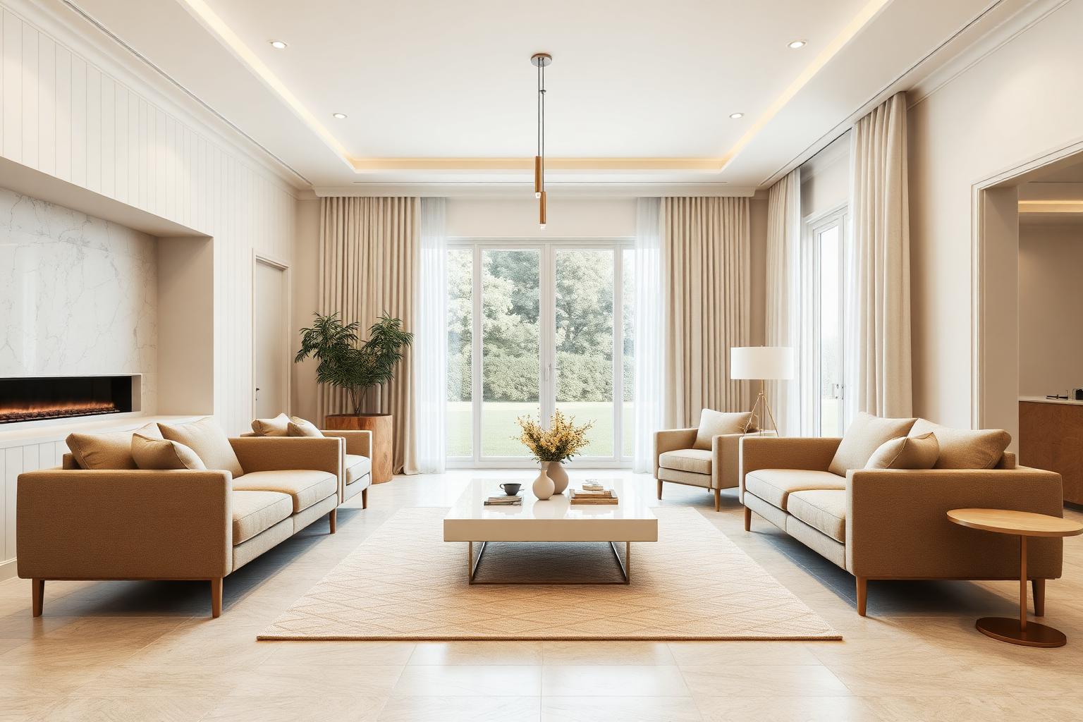 Guest lounge with beige fabric perimeter seating, painted panelling and cove lighting