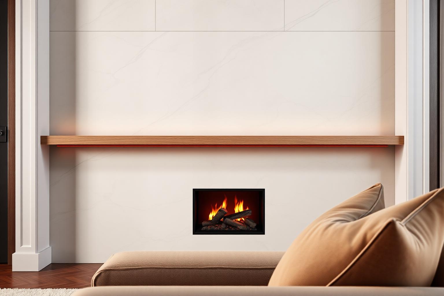 Close view of a linear fireplace set in marble-look porcelain with an oak veneer surround