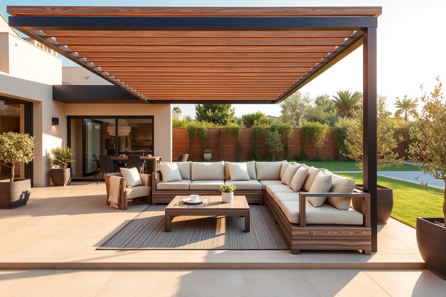 Outdoor lounge with modular seating, cream cushions and a slim aluminium pergola