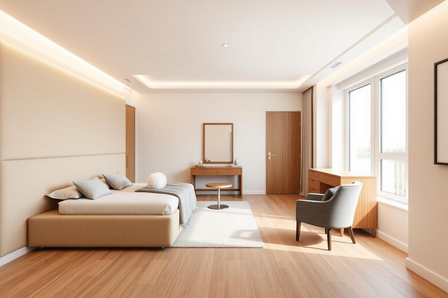 Master bedroom seen from the door with drapery, an armchair and simple pendant lights