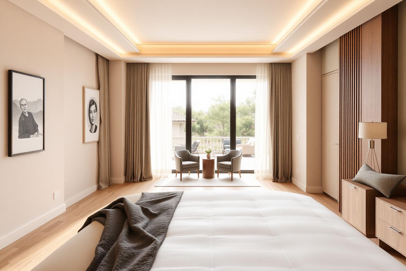 Master bedroom two seen toward the terrace doors with an armchair and drapery