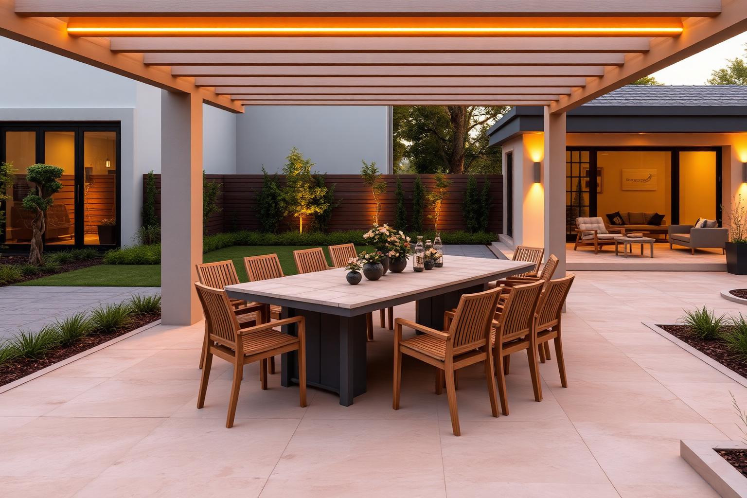 Outdoor dining table for eight under a pergola with warm string and downlighting