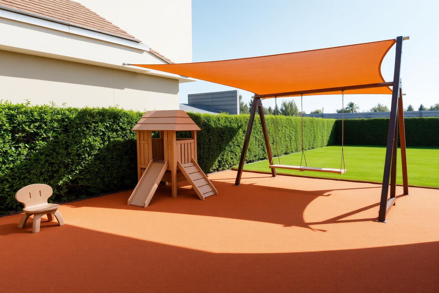 Children's play area with beige rubber safety flooring, a compact climbing frame and planting