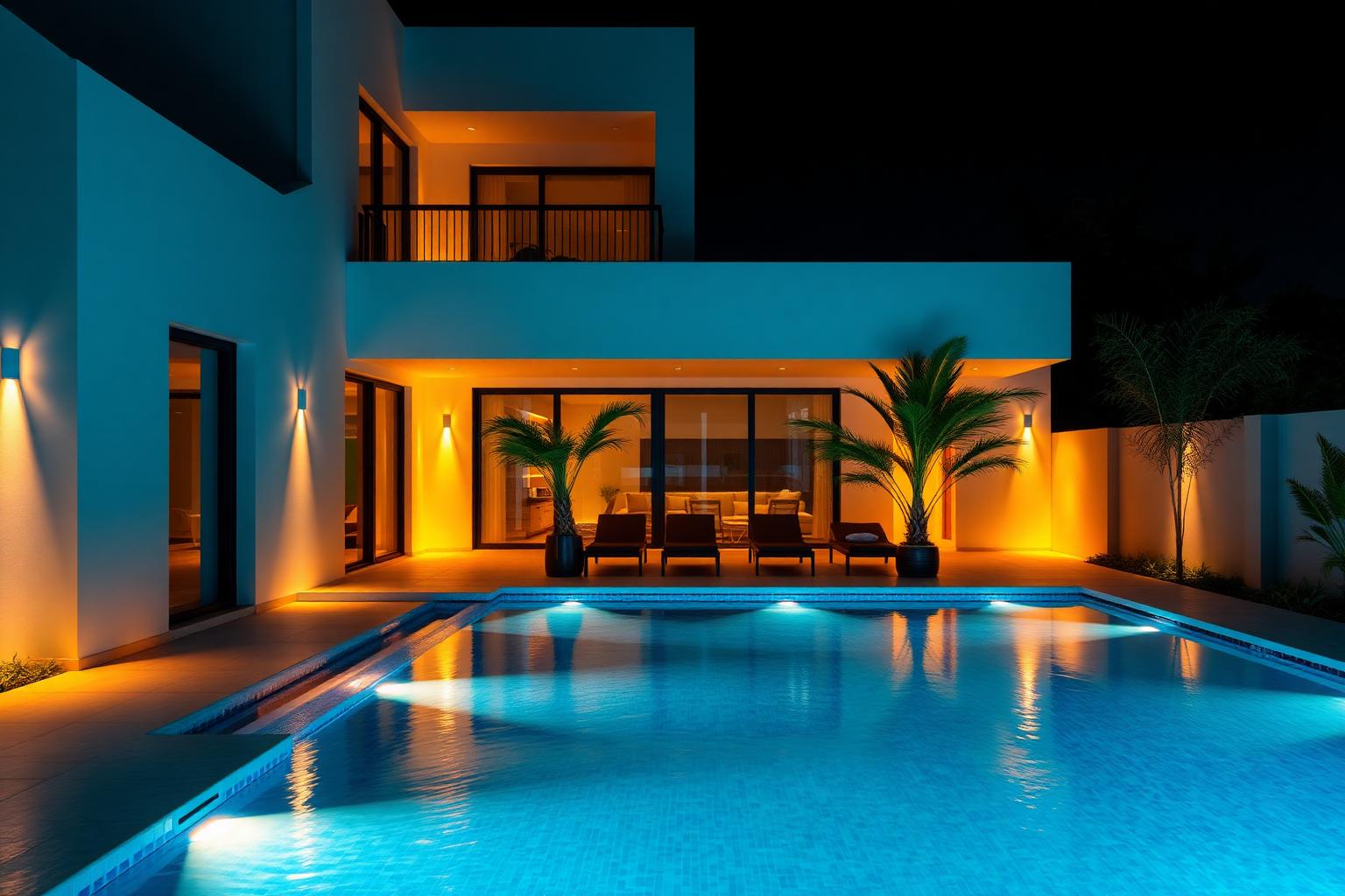 Villa swimming pool at night with underwater lights and warm step lighting
