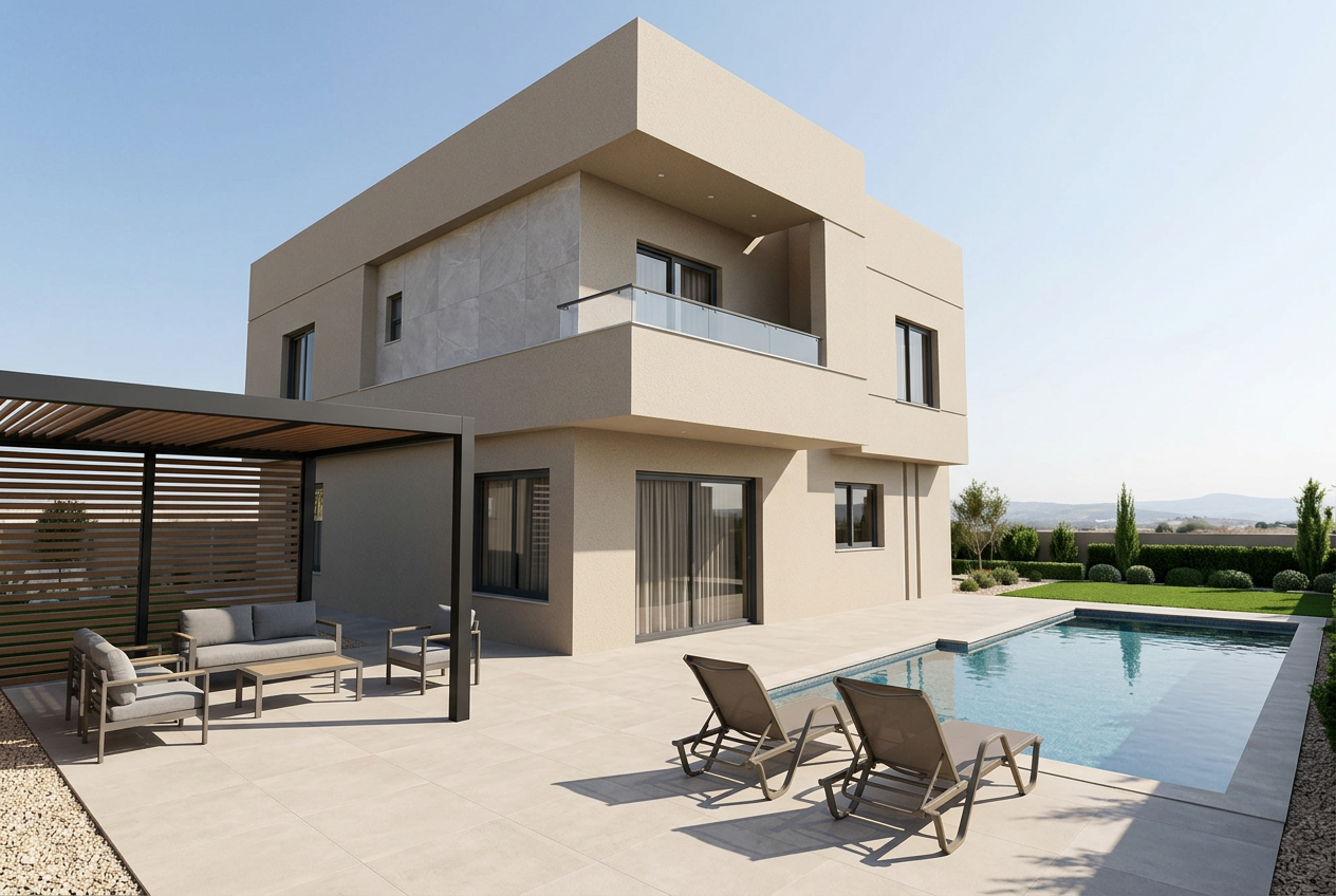 Villa rear façade with a covered terrace, porcelain paving and simple outdoor seating