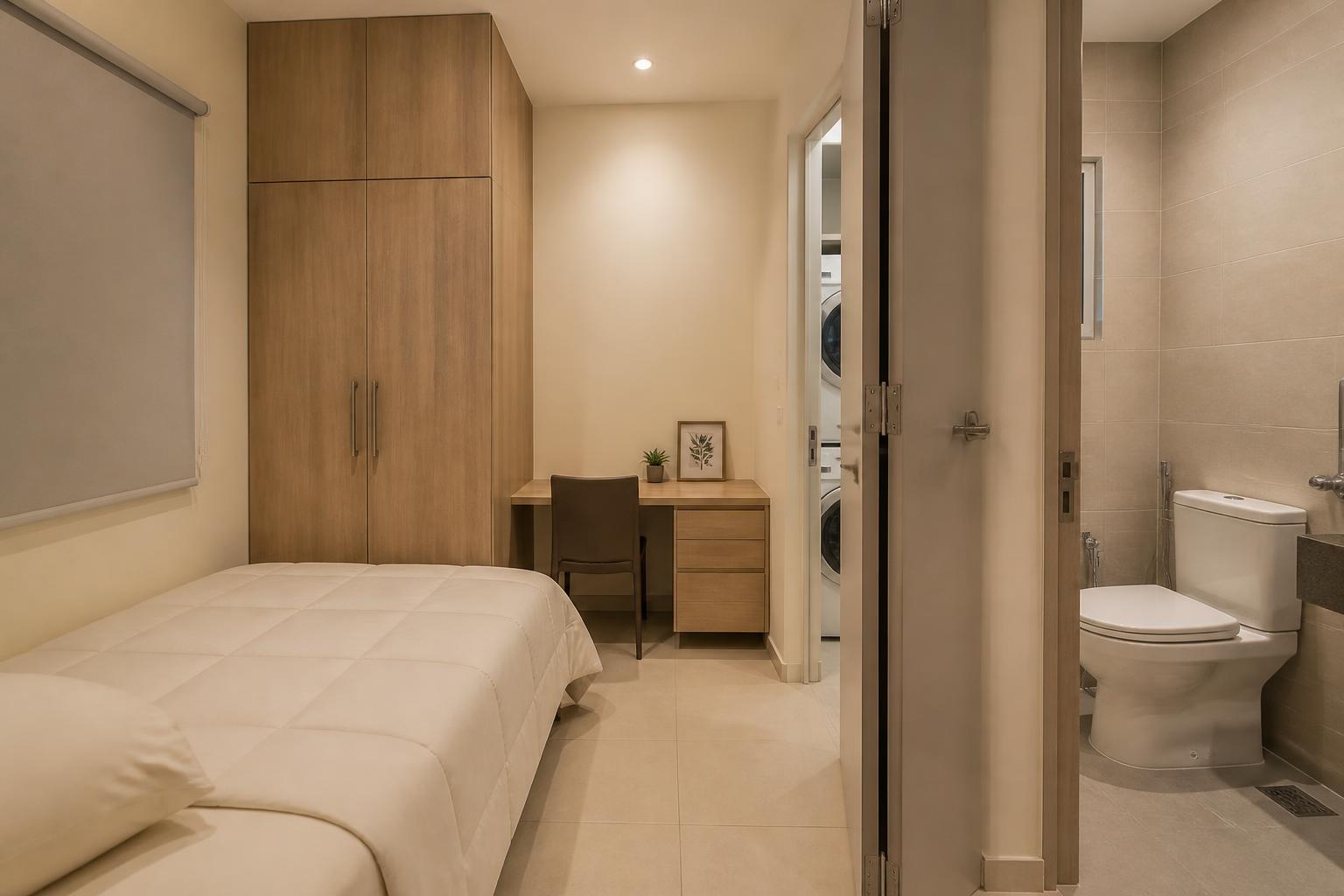 Practical maid's room with oak-effect wardrobe, desk and a porcelain-tiled service WC beyond
