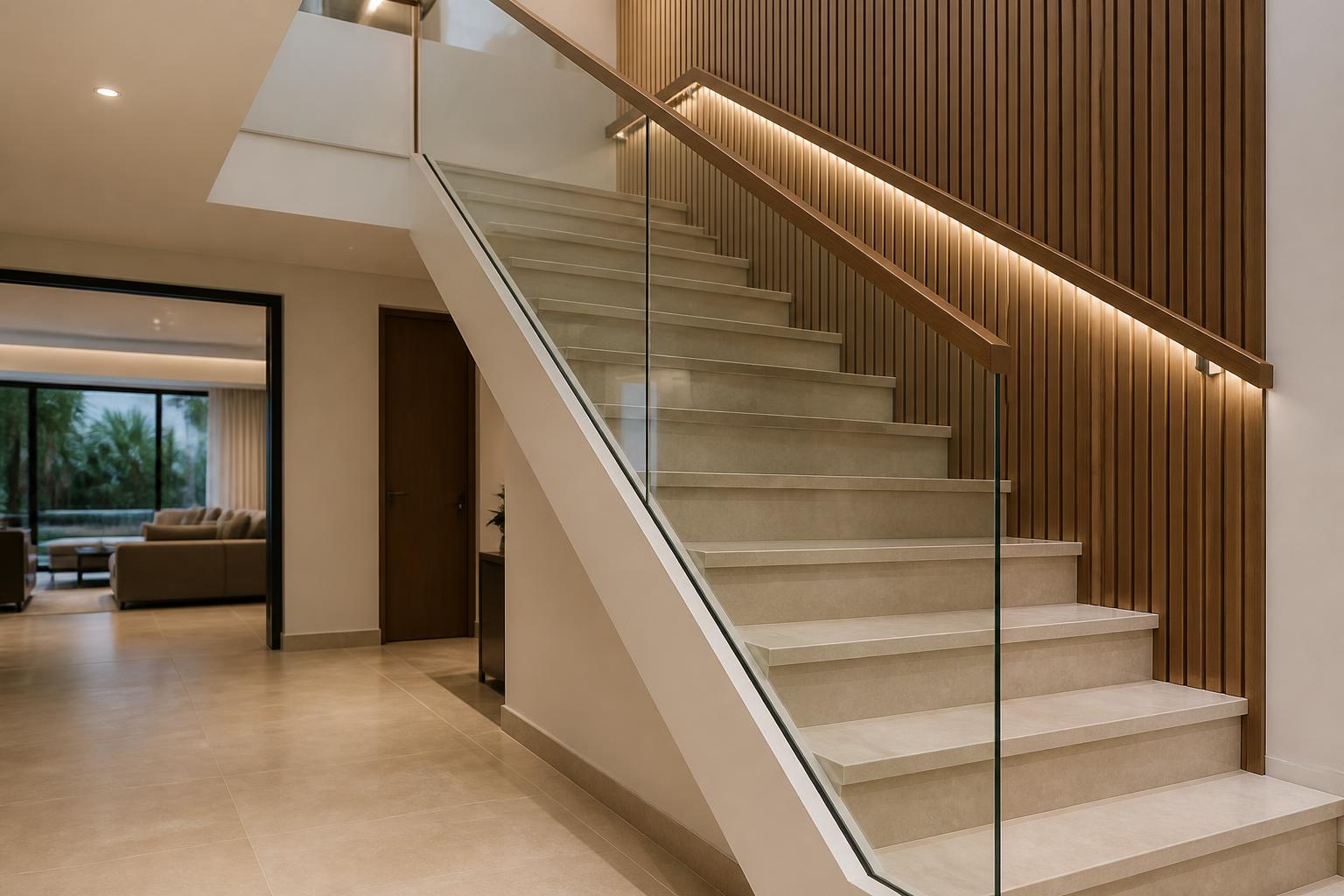 Staircase with marble-look porcelain treads, a frameless clear glass balustrade and a linear pendant