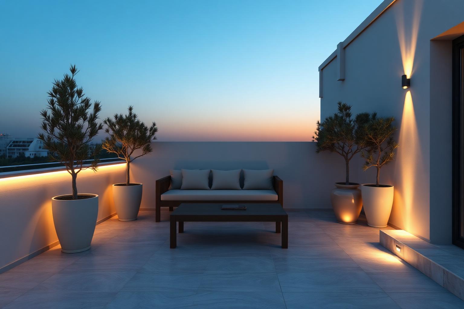 Villa upper terrace with travertine-look outdoor porcelain paving, light seating and planters