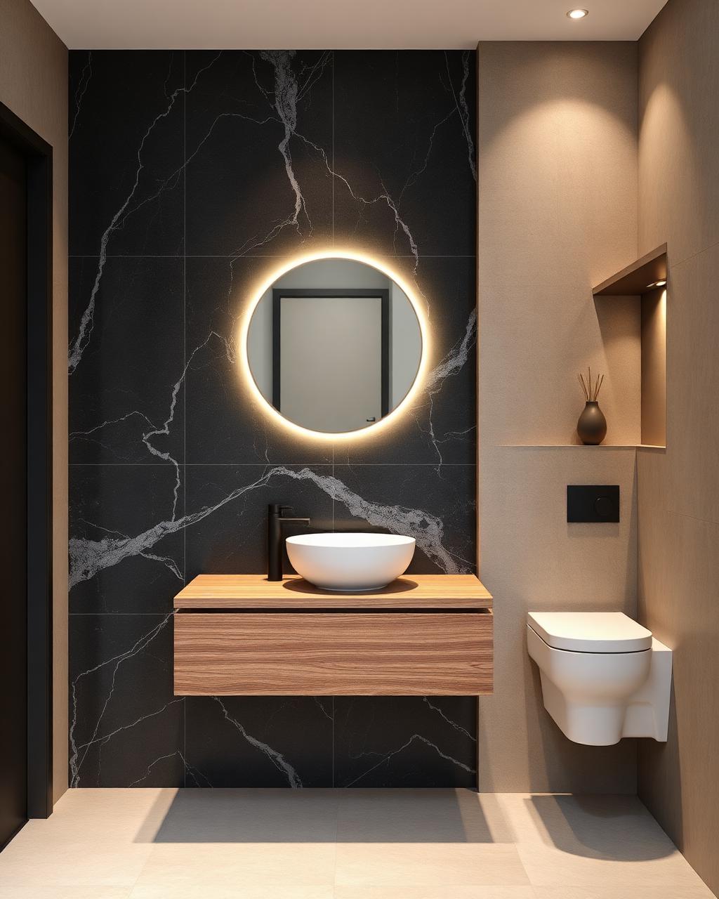 Guest powder room in dark marble-look porcelain with a compact vanity and a backlit mirror