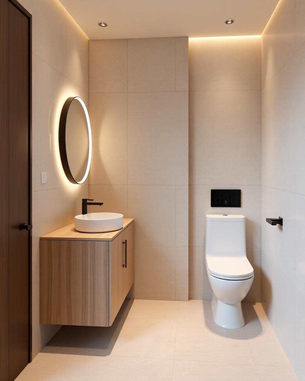 Light travertine-look porcelain guest WC with an oak-effect vanity and round mirror
