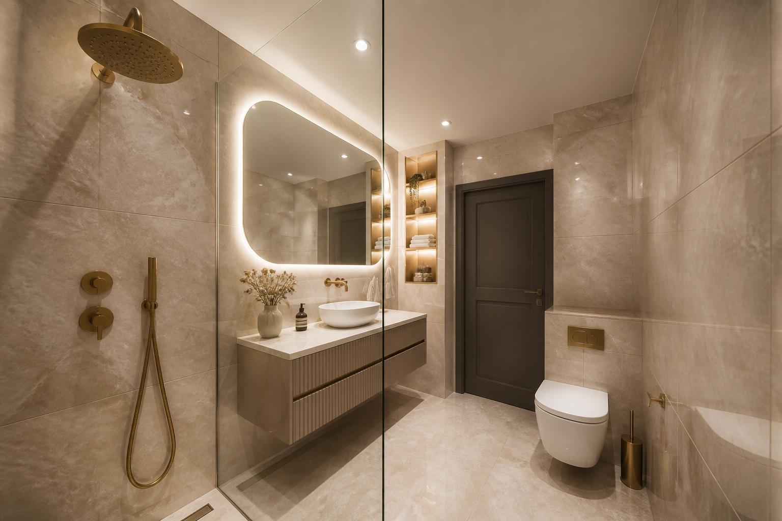Ensuite bathroom second view showing wall-hung WC, backlit stone niche and book-matched marble walls