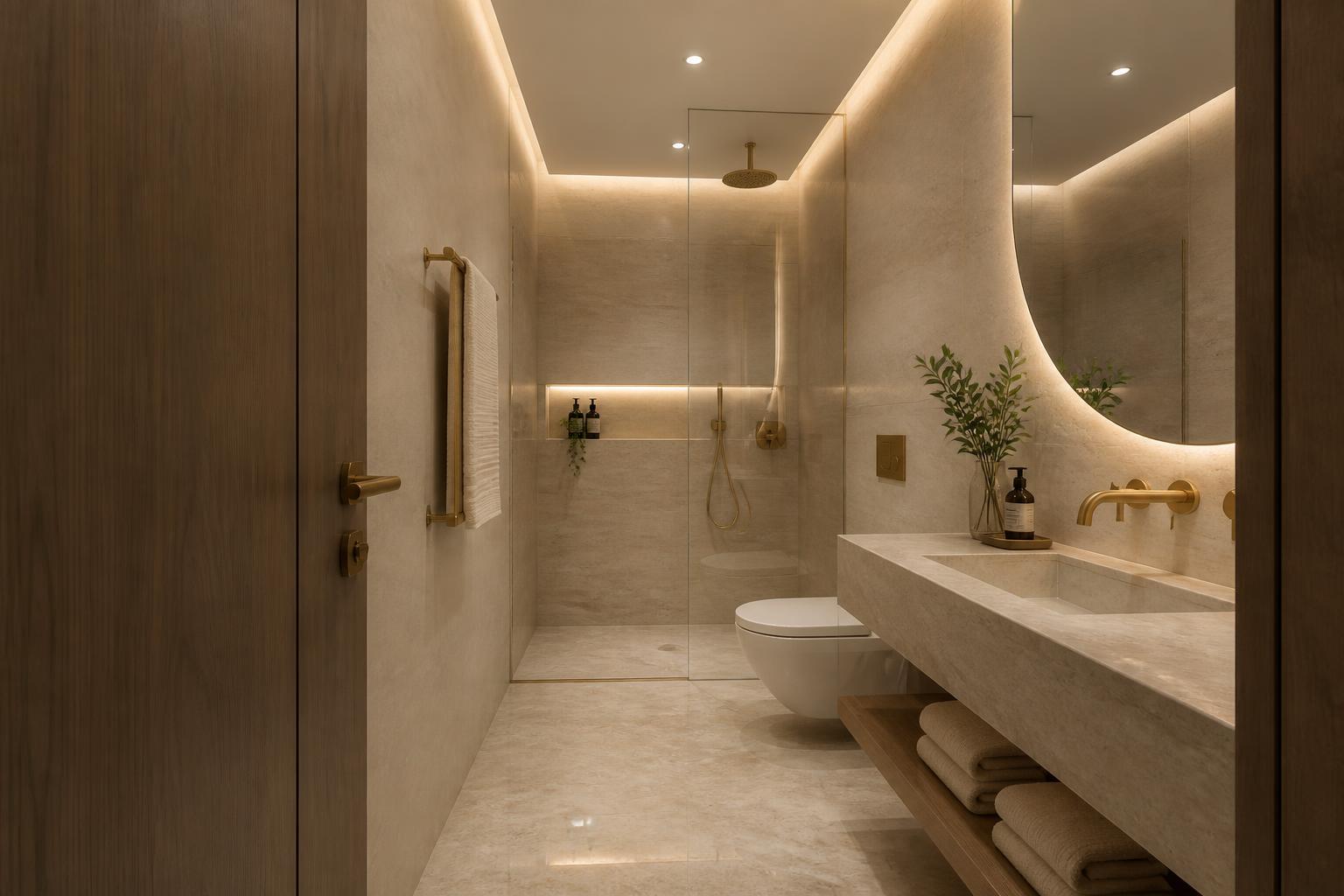 Luxury ensuite with travertine walls, dark emperador band, twin stone basins and fluted glass shower