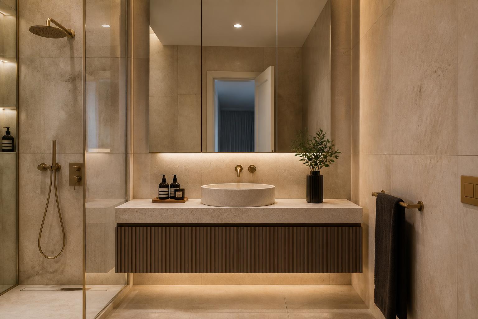 Travertine ensuite shower with stone bench, brushed brass rain head and floating twin vanity beyond