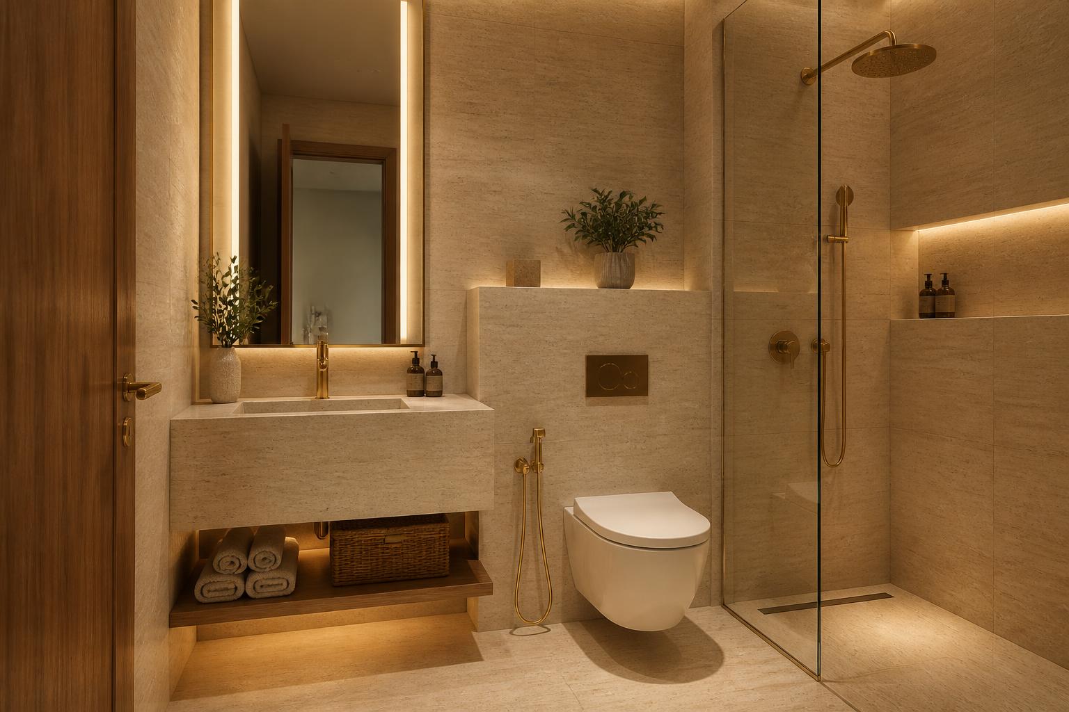 Contemporary shared villa bathroom in cream travertine with brass fittings and a backlit mirror