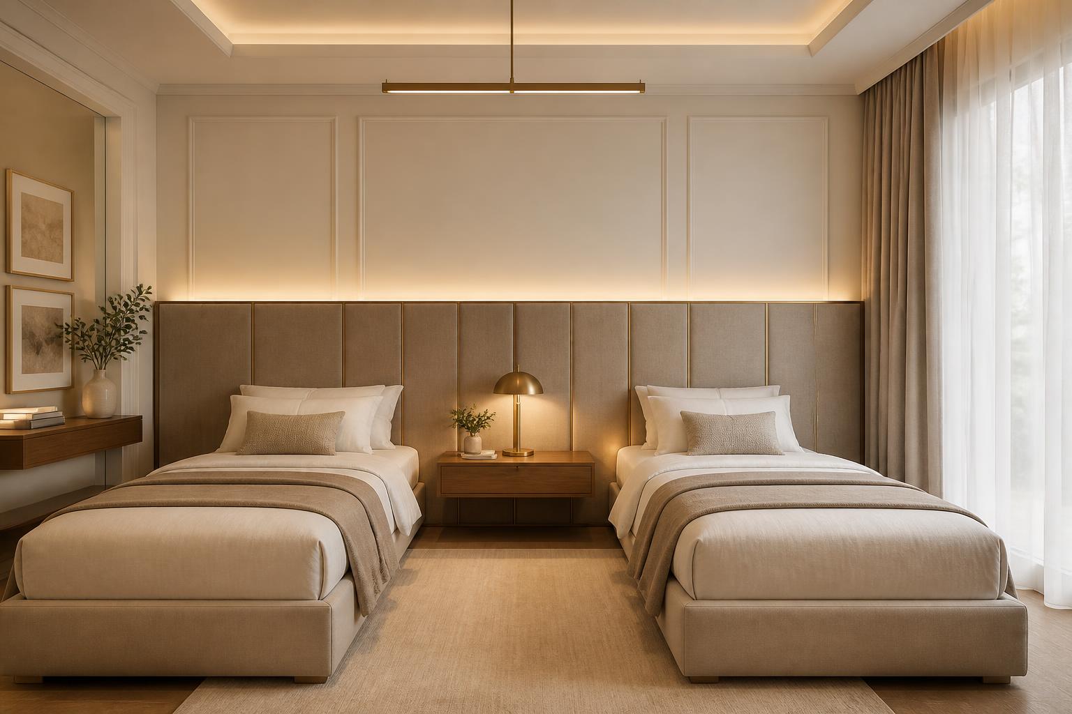 Contemporary twin bedroom with a shared greige upholstered headboard and shared walnut nightstand