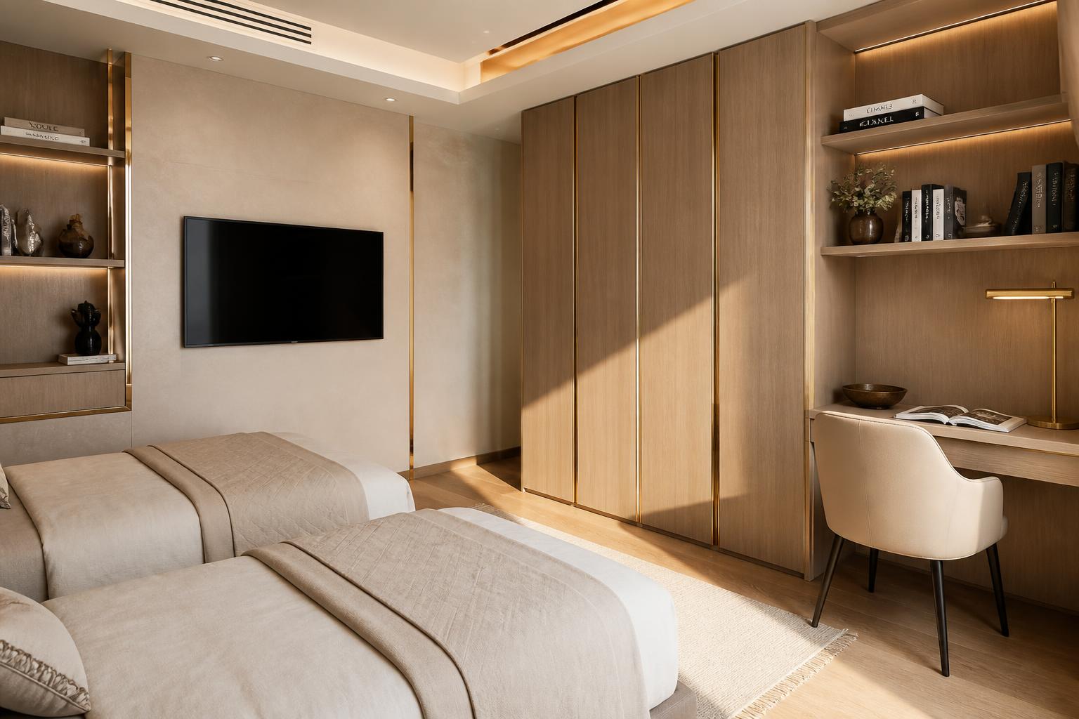 Bedroom with light oak wardrobes, built-in study desk niche and wall mounted TV