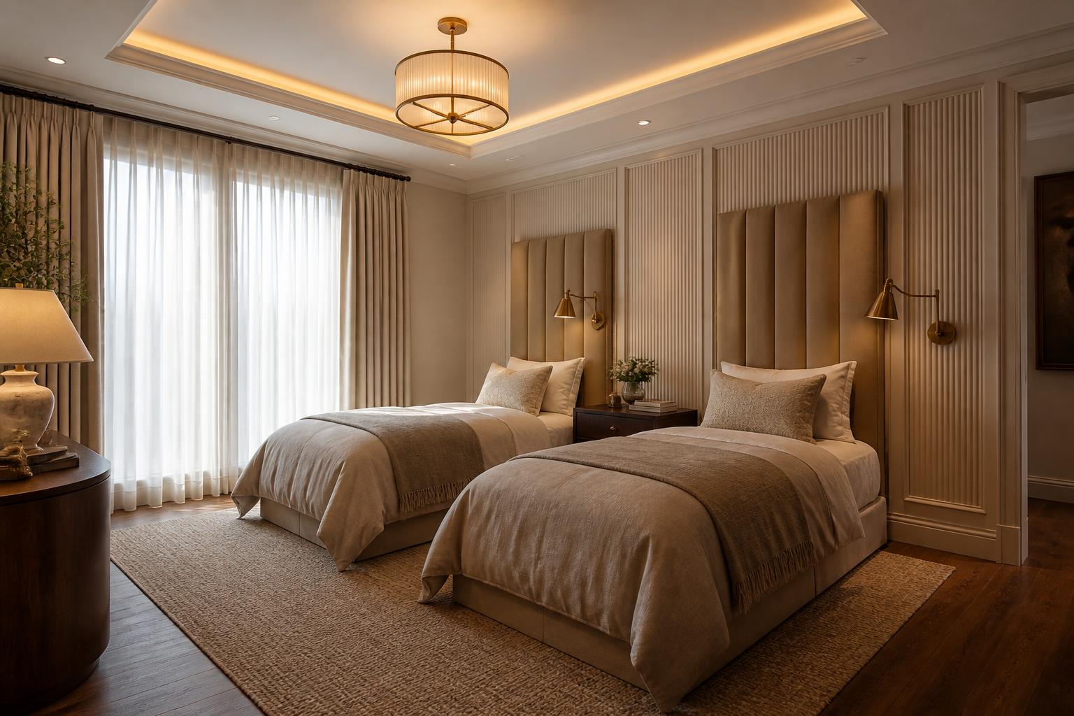 Guest bedroom with sand velvet channel tufted headboards, fluted plaster panels and brass sconces