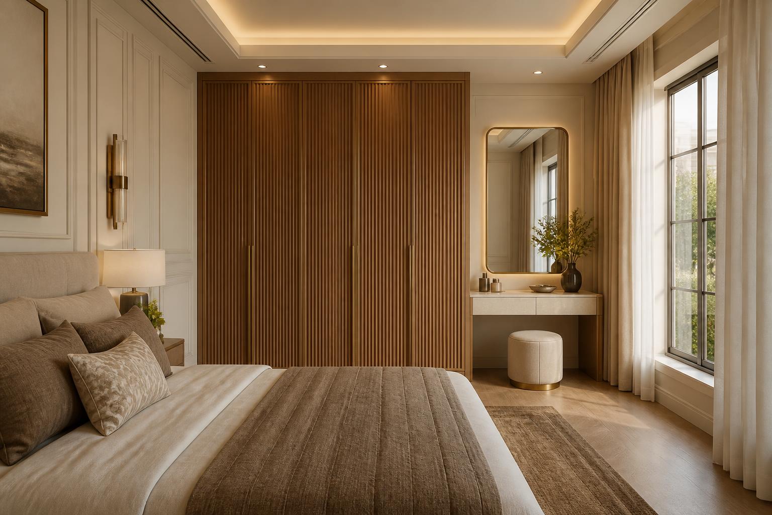 Guest bedroom with fluted walnut wardrobe, travertine vanity console and backlit brass mirror