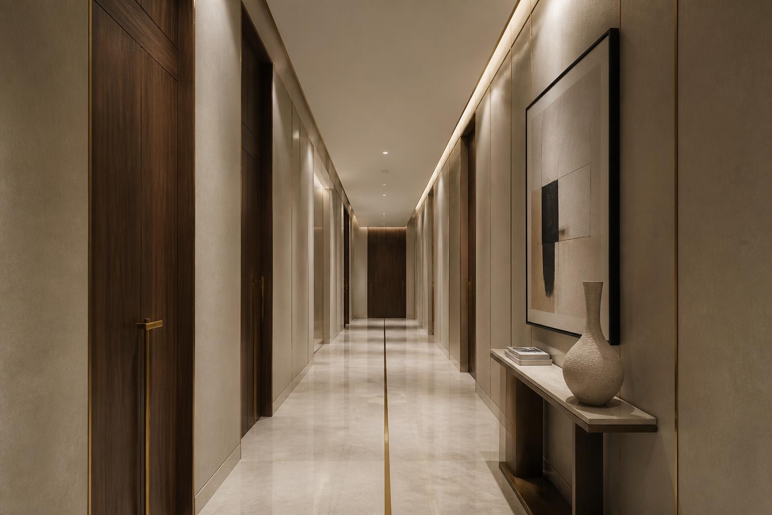 Luxury villa corridor with marble floor, brass inlay strip, walnut doors and indirect cove lighting