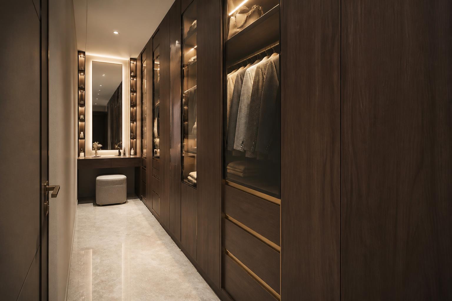 Luxury walk-in dressing room in smoked walnut with fluted glass display bays, drawers and warm internal LED lighting