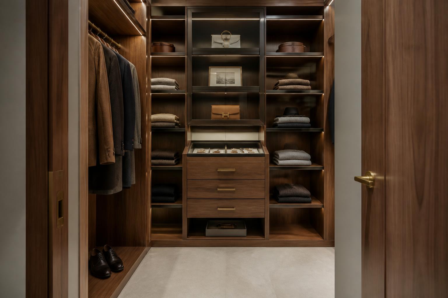 View from a luxury master bedroom through a brass-lined cased opening into the walk-in dressing area