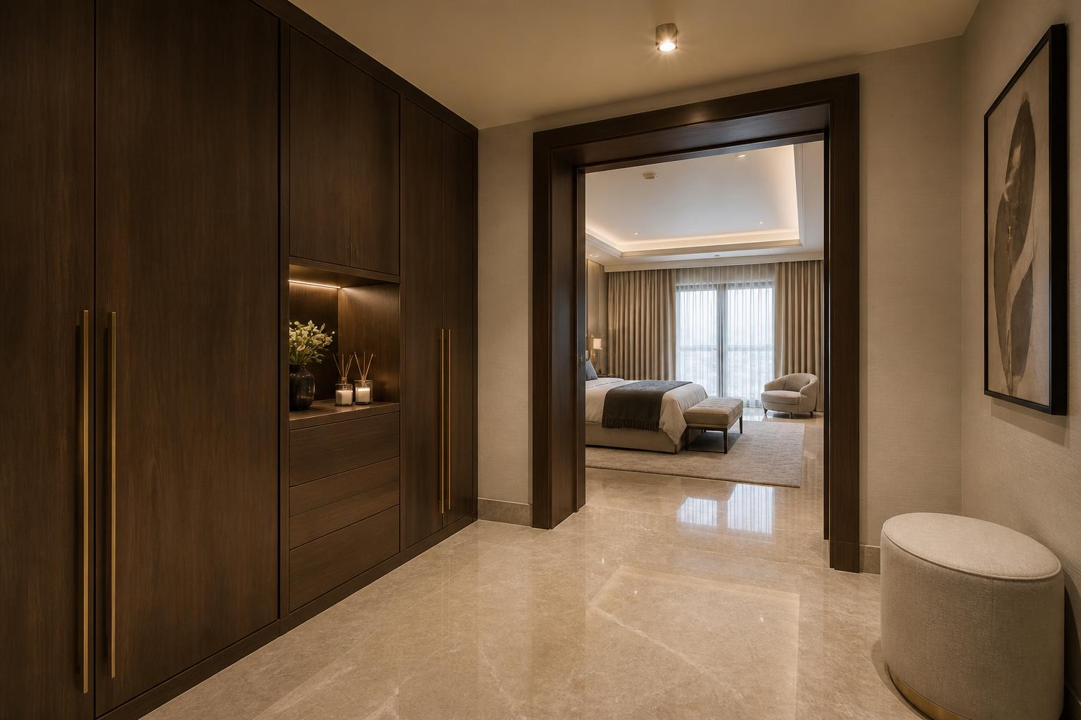 Large luxury walk-in wardrobe with U-shaped walnut joinery and a marble-topped island with drawers