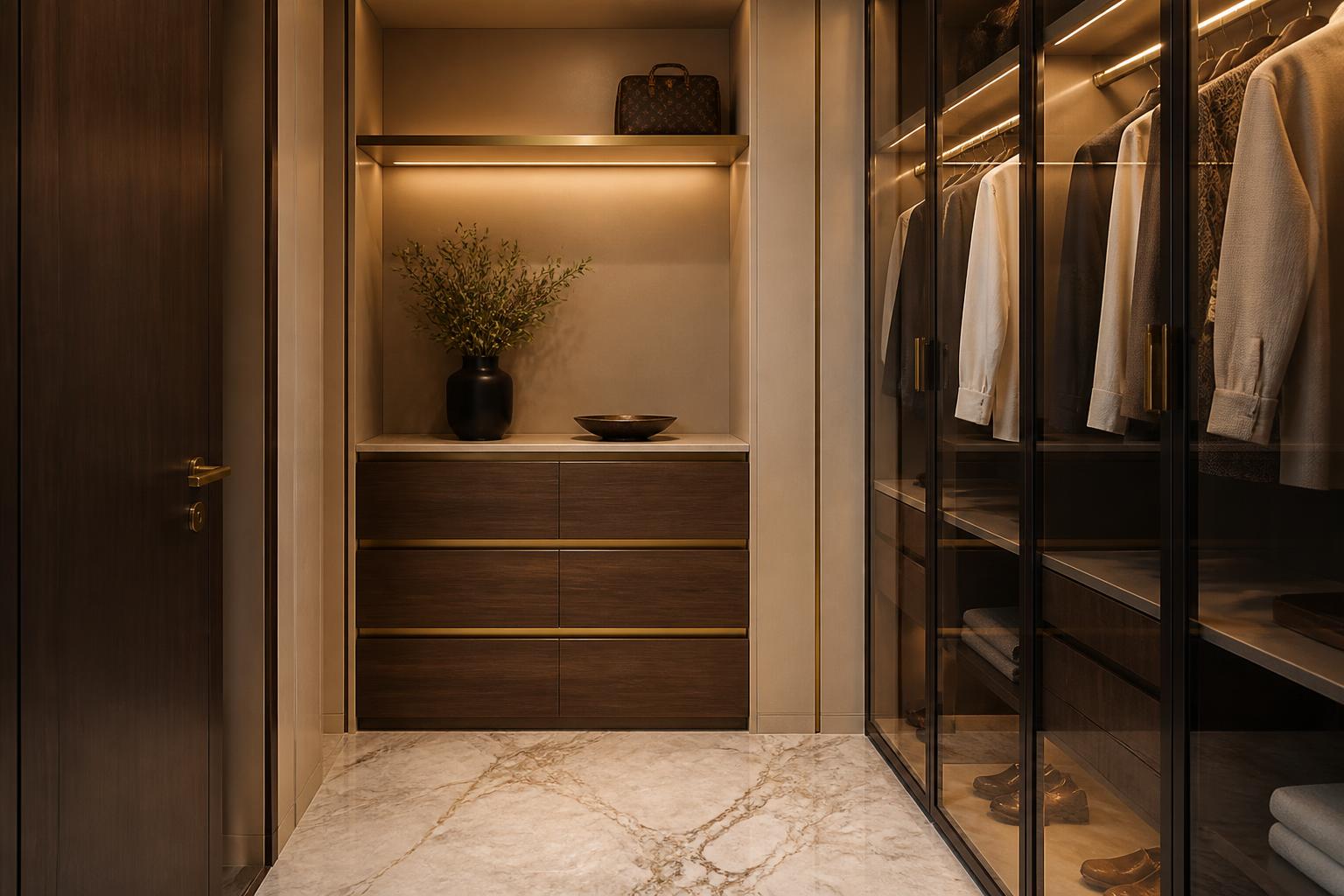 Dressing room vanity with backlit mirror next to an open threshold leading into a travertine ensuite bathroom