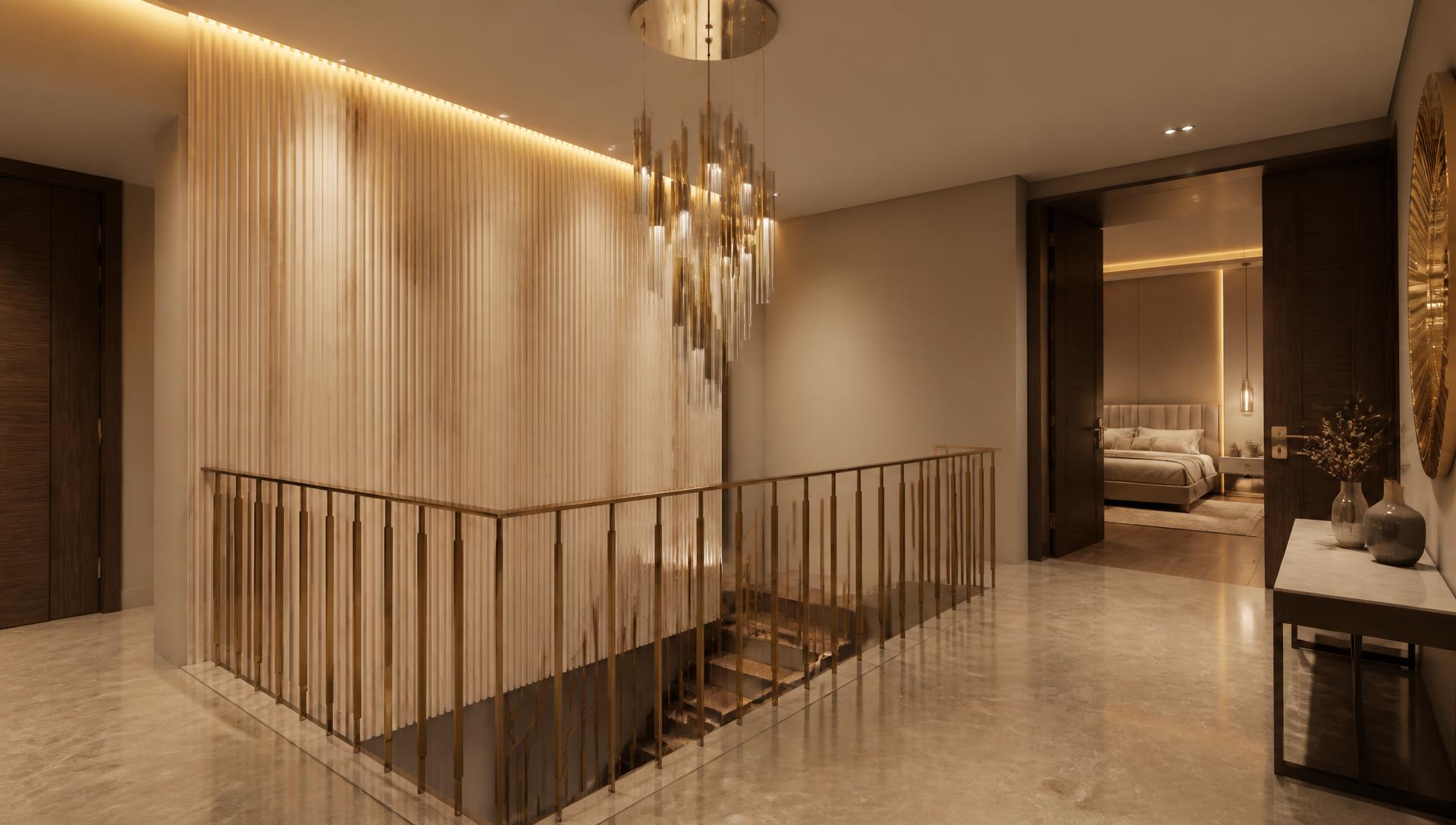 Villa A68 upper floor lobby and master suite in a warm modern luxury scheme