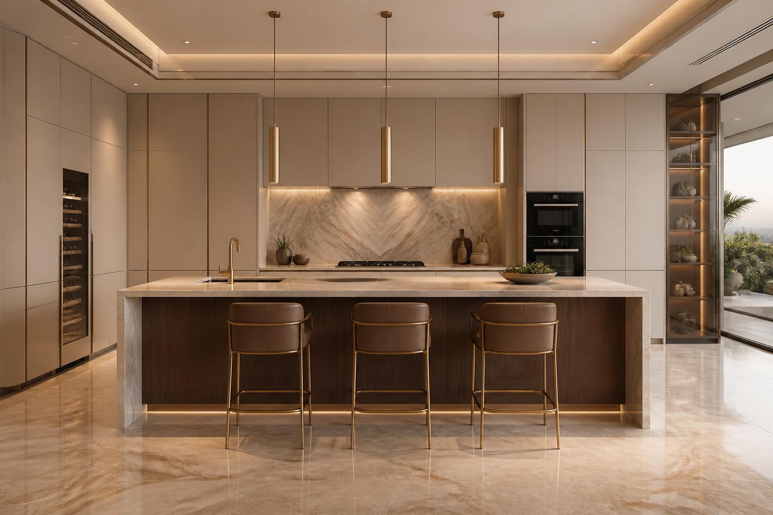 Luxury kitchen with cream handleless tall cabinetry, walnut island and brass pendants