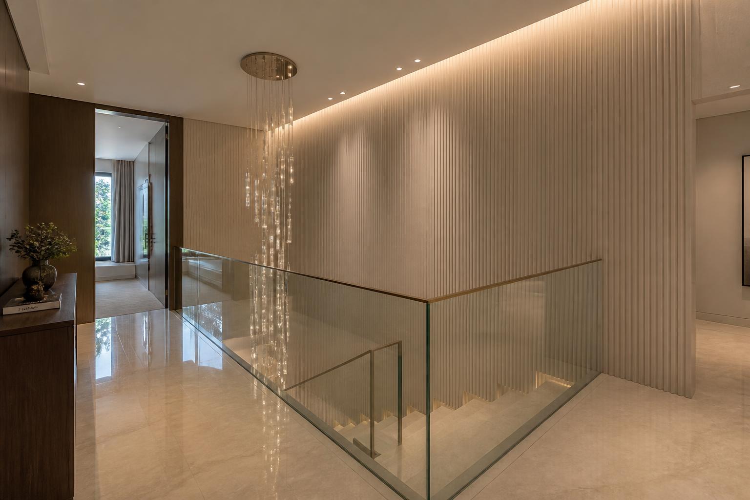 Luxury villa stair landing with a frameless glass balustrade, marble treads and a cascading chandelier