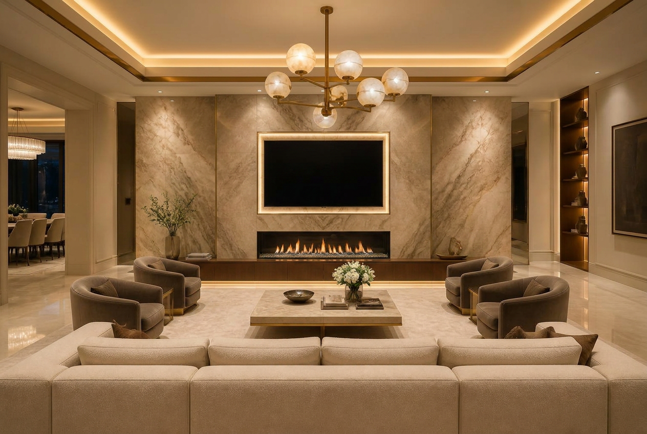Family living room feature wall combining a recessed TV, a wide linear fireplace and book-matched marble