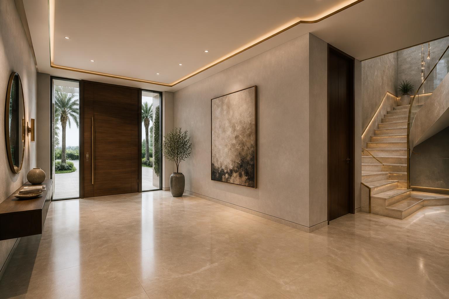 Villa lobby looking back to the timber front door with staircase visible to the right
