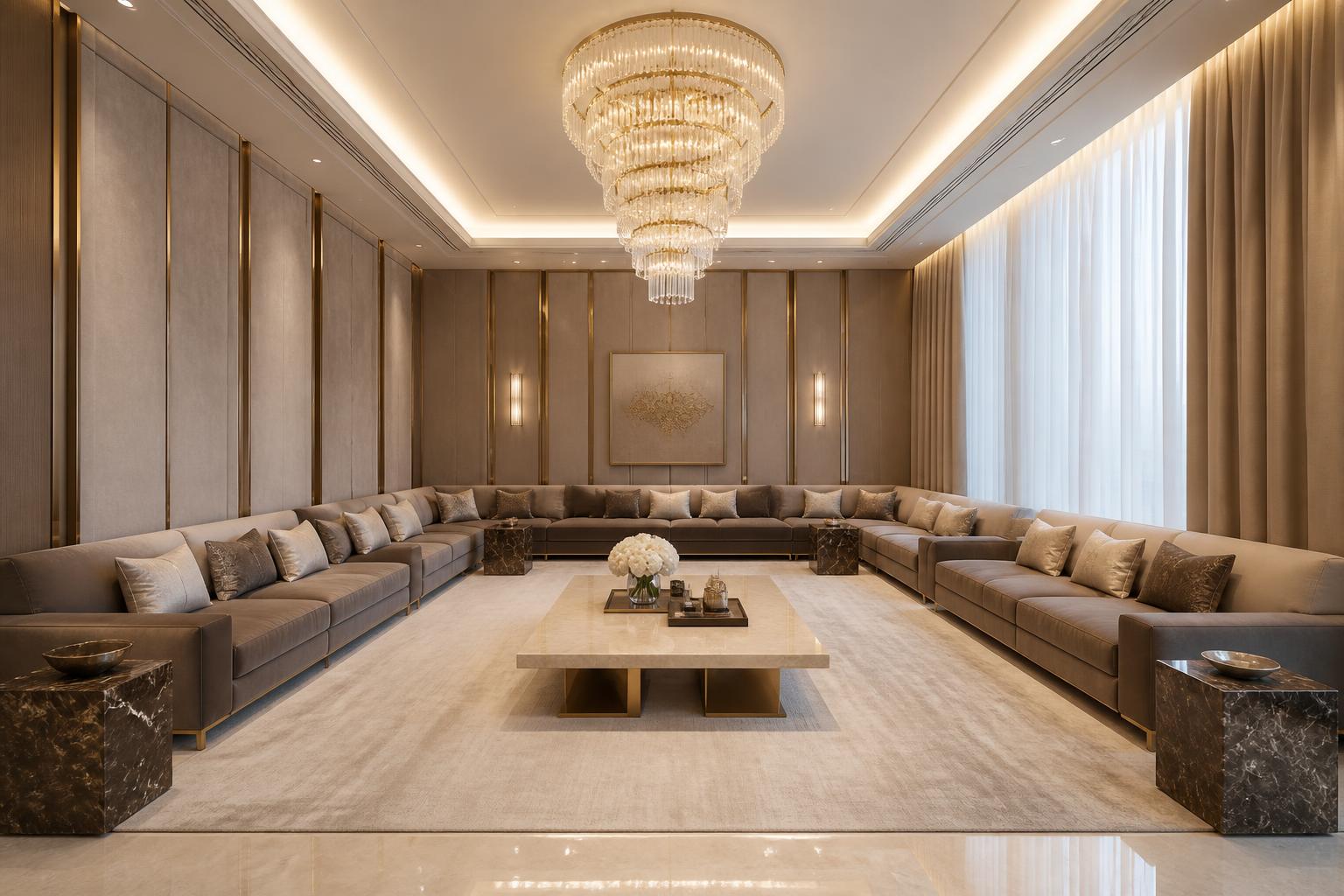 Formal guest lounge with taupe velvet perimeter seating, fabric wall panelling and a large chandelier