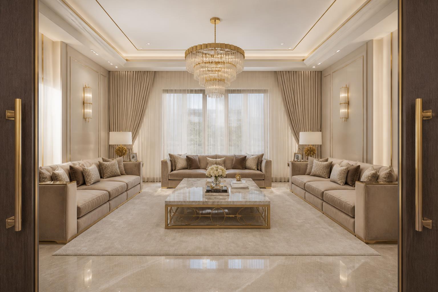 Guest Lounge seen from the doorway with sheer curtains, facing sofas and marble coffee table