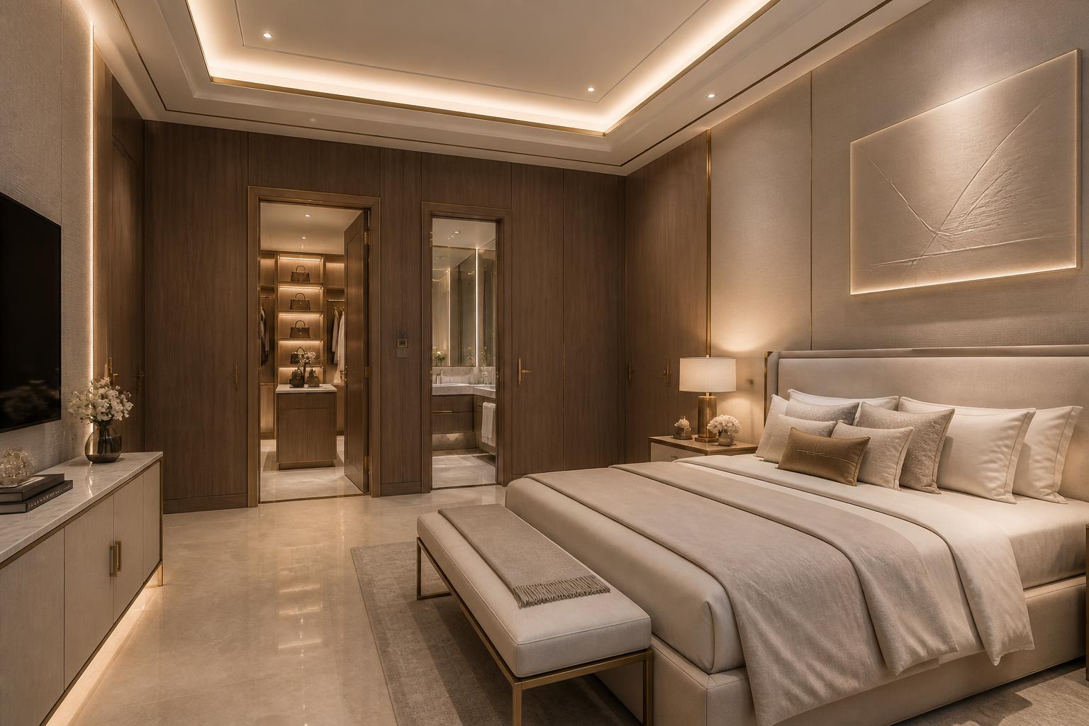 Master bedroom wardrobe wall in smoked walnut with fluted doors and a marble TV panel