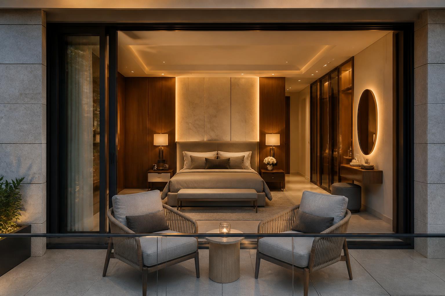 Master bedroom lounge corner with bouclé armchairs, travertine table and slatted oak TV wall