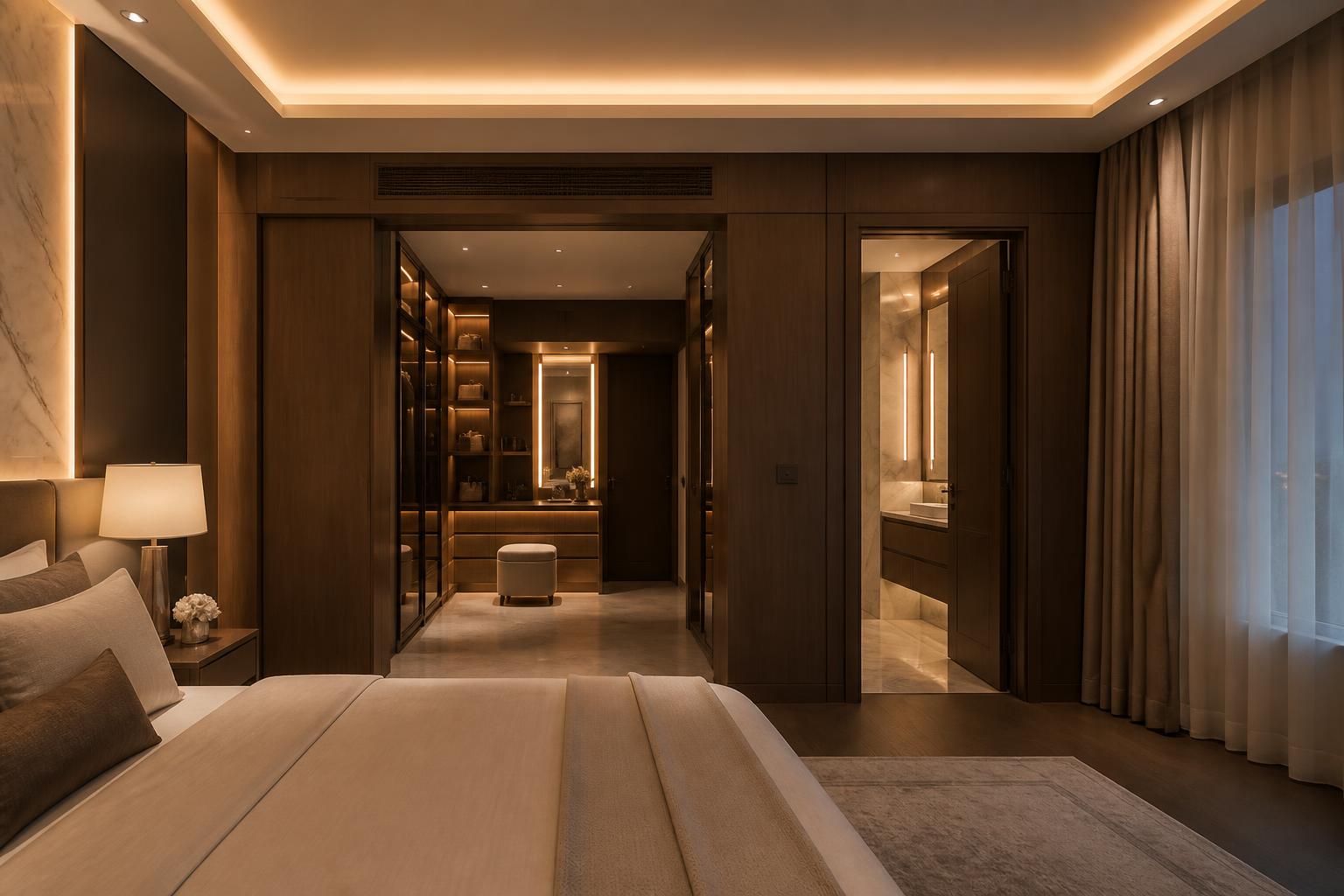Master bedroom chaise beside full height sliding doors onto a lit terrace at dusk